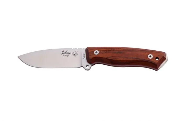 Cuchillo Bushcraft SELVAN AMOLADO J&V con mango Madera natural de cocobolo de 10,3 cms y Funda marrón de piel, Herramienta de Camping para Pesca, Caza, Actividad Deportiva