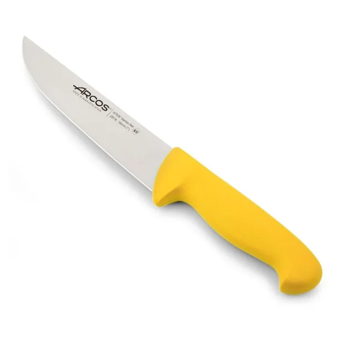 Cuchillo de carnicero Arcos Colour – Prof 291600 de acero inoxidable Nitrum y mango ergonómico de Polipropileno de color amarillo y hoja de 18 cm, funda display