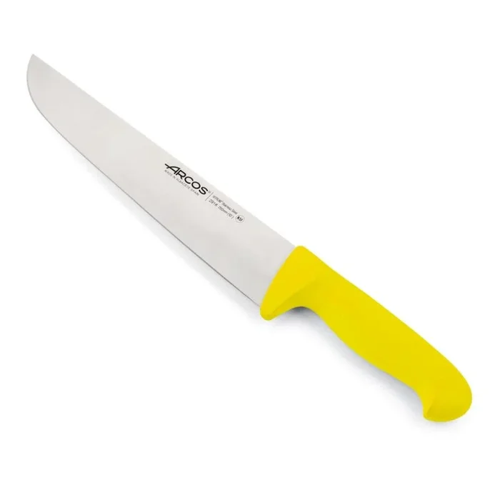 Cuchillo de carnicero Arcos Colour – Prof 291800 de acero inoxidable Nitrum y mango ergonómico de Polipropileno de color amarillo y hoja de 25 cm, funda display