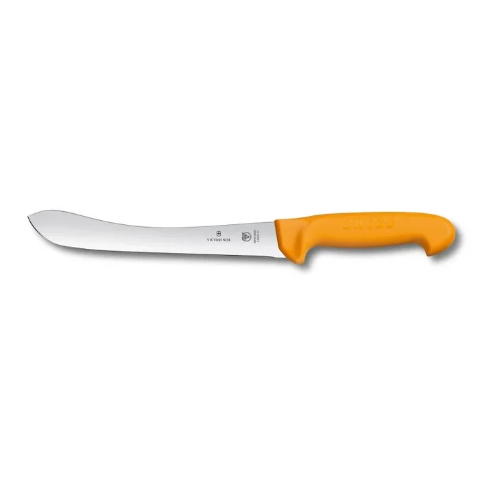 Cuchillo de carnicero Victorinox Swibo, modelo profesional de 21 cm, ideal para despiece de carne, hoja de punta ancha en acero inoxidable, mango naranja antideslizante.
