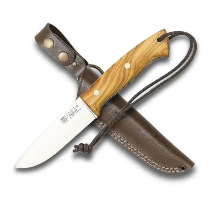 Cuchillo de caza BUSHCRAFT Ranger Joker CO144, mango Madera de Olivo, hoja de 11 cm, funda piel marrón, Herramienta de pesca, caza, camping y senderismo