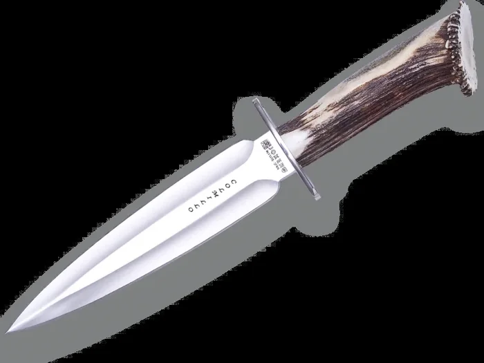 Cuchillo de caza Joker «Colmillo» CN108, mango de asta de ciervo, hoja MOVA de 22 cm, funda de cuero marrón, herramienta de pesca, caza, camping y senderismo