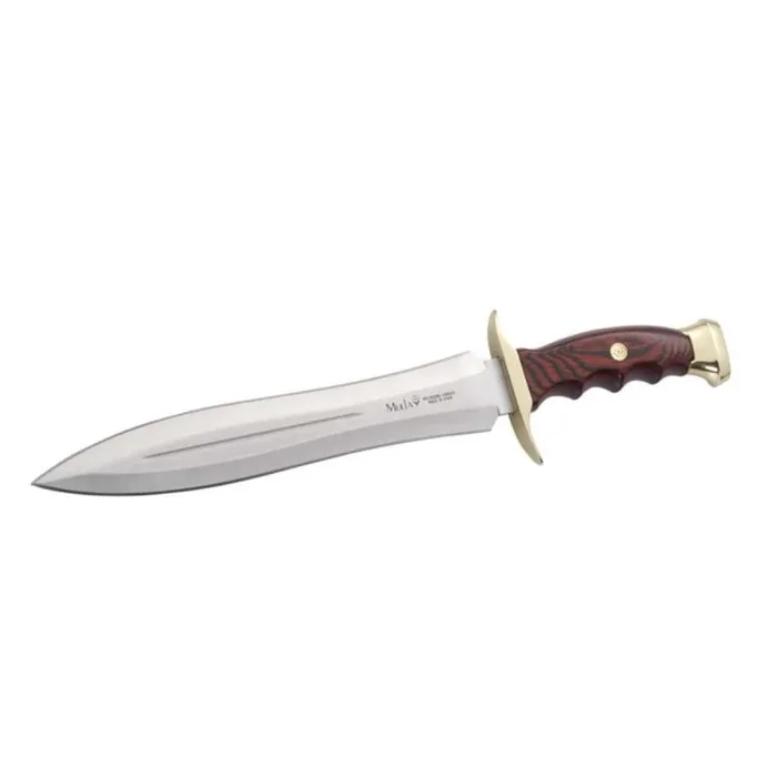 Cuchillo de caza Muela BW-24, puño de madera prensada coral y defensa latón, tamaño total 37 cm + tarjeta multiusos de regalo. Incluye funda de cuero marrón.