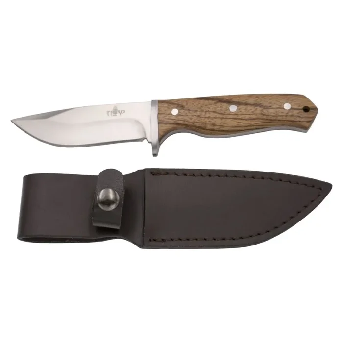 Cuchillo de caza Third 16367ZW, con hoja de acero 440 de 10.6 cm acabado satinado, mango de madera. Incluye funda de piel