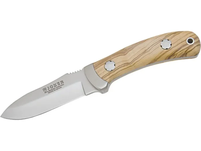 Cuchillo de monte enterizo Joker, con virola inox, cachas de madera de olivo, hoja de 9 cm, 172 gramos, CO86 + tarjeta multiusos de regalo