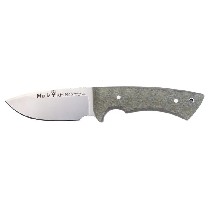 Cuchillo enterizo de caza Muela, modelo RHINO-SV.G/K Hoja de acero SANDVIK 14C28N con 10 cm, Cachas canvas micarta verde, Este cuchillo incluye funda Kydex Desierto + Tarjeta Multiusos de Regalo.
