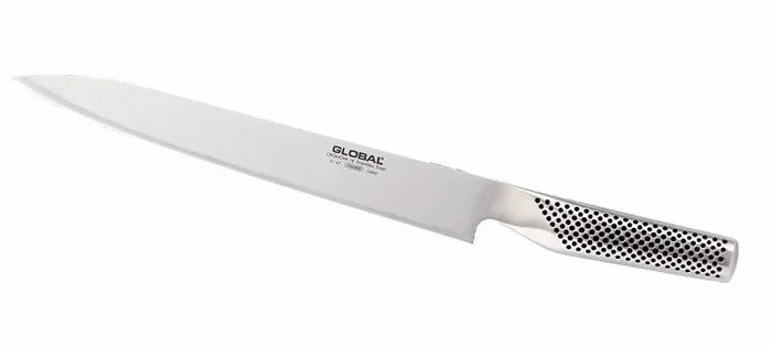 Cuchillo Global Especial para hacer Sashimi, pensado para el usuario de fuera de Japón. Modelo G-47 SASHIMI-YO Slicer (25cm), Fabricado con acero inoxidable de la mejor calidad. Hojas hechas de CROMOVA 18 con una dureza de 56 – 58 HRC. Diseño de una pieza