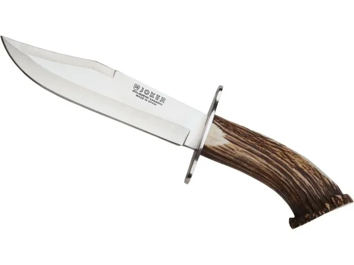 Cuchillo Joker CN100, mango de asta de ciervo, hoja de 20 cm MOVA, incluye funda de cuero marrón, Herramienta de pesca, caza, camping y senderismo