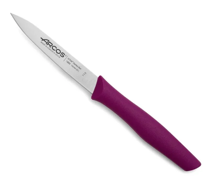 Cuchillo Mondador Arcos Nova 188631 de acero inoxidable Nitrum y mango de Polipropileno, de color fusia hoja de 10 cm en caja expositora