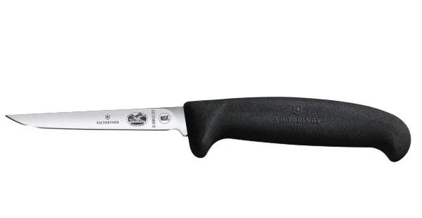 Cuchillo para aves de corral Victorinox Fibrox, ideal para deshuesar, hoja recta de acero inoxidable ultra afilada, mango ergonómico antideslizante, negro.