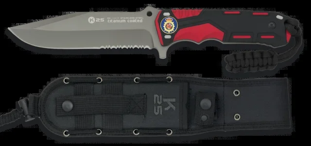 Cuchillo Táctico Rui con mango de aluminio Rojo/negro, Hoja de acero inoxidable recubierta de goma de 13.5 cm. Incluye Skinner profesional y funda de nylon 32118GR1174