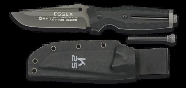 Cuchillo Táctico Rui Essex Titanium + Pedernal, Mango G-10, Hoja De 12 Cm, Tamaño Total 25,5 Cm, con Funda de Pvc y Caja a Color 32003