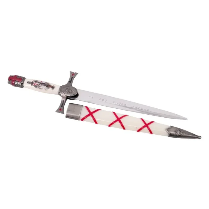 Daga Diseño exclusivo Priorato de Sion S0213WB, pomo y guarda de color níquel con acabados en rojo, empuñadura y vaina en color marfil, largo total de 39.5 cm, hoja de acero grabada
