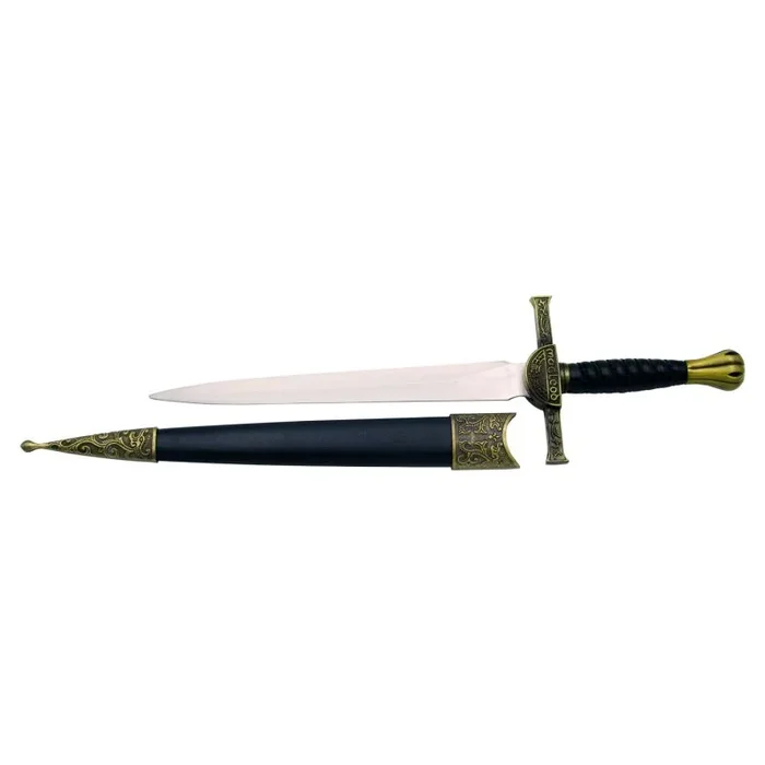 Daga Macleod S0163, pomo y guarda de color bronce con empuñadura negra, el tamaño total es de 35 cm con la hoja de acero, vaina de color negro con acabados en bronce