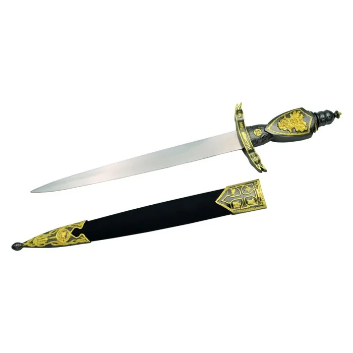 Daga Medieval S0194, pomo, empuñadura y guarda de color níquel con detalles en dorado, empuñadura con dibujo de un águila bicéfala y león rampante, largo total de 40 cm con la hoja de acero y vaina negra