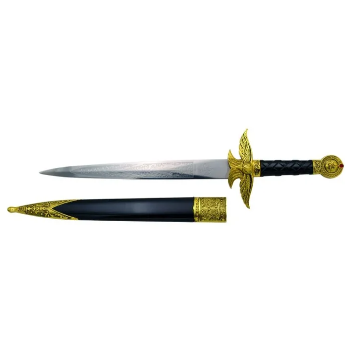 Daga Romana 15037, con águila y pomo color bronce, empuñadura negra, tamaño total 39,5 cm, hoja de acero, vaina negra con acabados en bronce