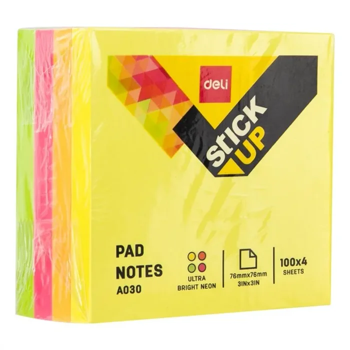 DELI Lote de 3 adhesivos de notas adhesivas, reposicionables, 76 x 76 mm, 4 x 100 hojas, 4 colores vivos