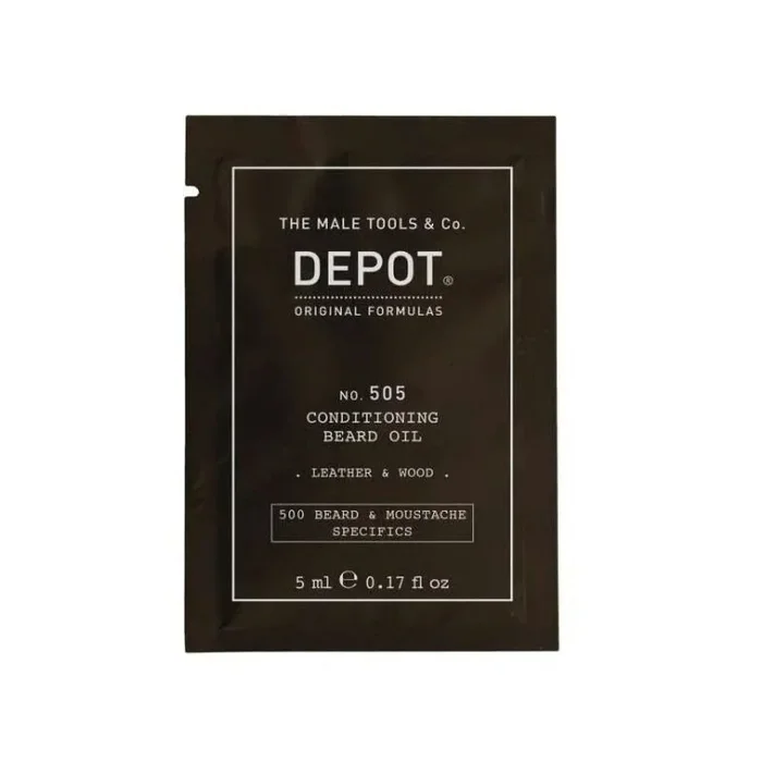Depot 500 Beard & Mustache Specifics No. 505, Beard Oil 5 ml, con aceites de cuero y madera, vitamina E, para brillo, suavidad y cuidado premium.