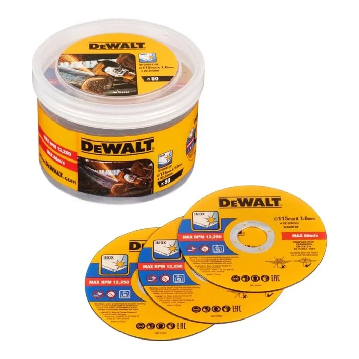 DEWALT DT20598-QZ – Disco de corte de acero inoxidable, ø 125 mm x 1,0 mm, Cortes rápidos y limpios, Para amoladoras angulares, Incluye 50 piezas en un cubo
