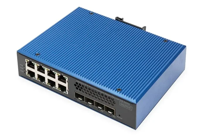 DIGITUS Conmutador de Red PoE – 12 Puertos Gigabit Ethernet – 8X RJ45 + 4X SFP+ 10 Gigabit – IP40 – L3 gestionado, VLAN – 10/100/1000 Mbit/s – Montaje en Carril DIN – Serie Industrial – Negro/Azul