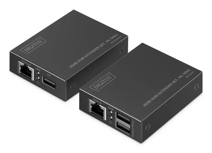 DIGITUS HDMI KVM Extender Set – UHD 4k 30Hz – 40 m de alcance – HDMI 1.4 – Latencia ultrabaja – Emisor y receptor – 2x USB para ratón y teclado – PoC – Punto a punto – CAT 6 – Negro