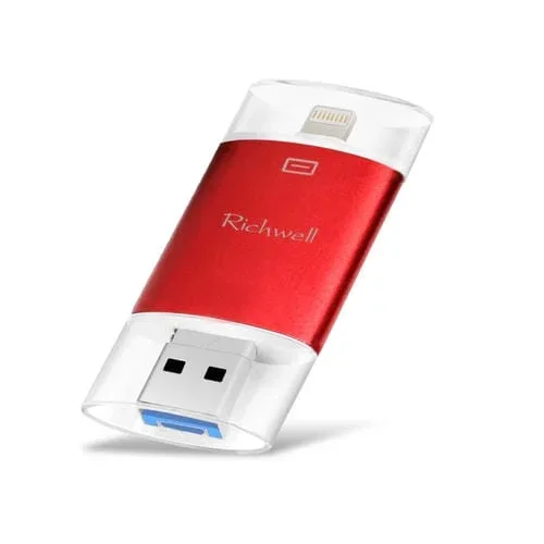 Disco Flash 3 En 1 Richwell 128G Tipo-C + 8 Pines + USB 3.0 Push-Pull Metal con Función Otg (Rojo)