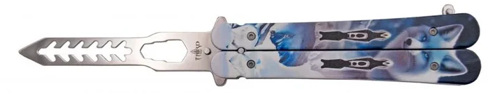 Diseños propios ®Navaja de abanico SKI Third K2470 hoja de acero 420 multiusos acabado brillo espejo de 9,4 cm, mango de alumino con impresión 3D de zorro blanco.