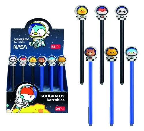 DOHE – Expositor de 24 bolígrafos con tinta borrable – Cuerpo de plástico colorido – Tapa decorada Astronaute-Animal – Punta de bola metálica de 1 mm – Tinta azul