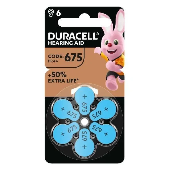 Duracell pilas para audífonos tamaño 675 (paquete de 6) +50 % extra duración, fácil instalación, embalaje 100 % reciclable, 4 años de vida útil garantizada en su envase