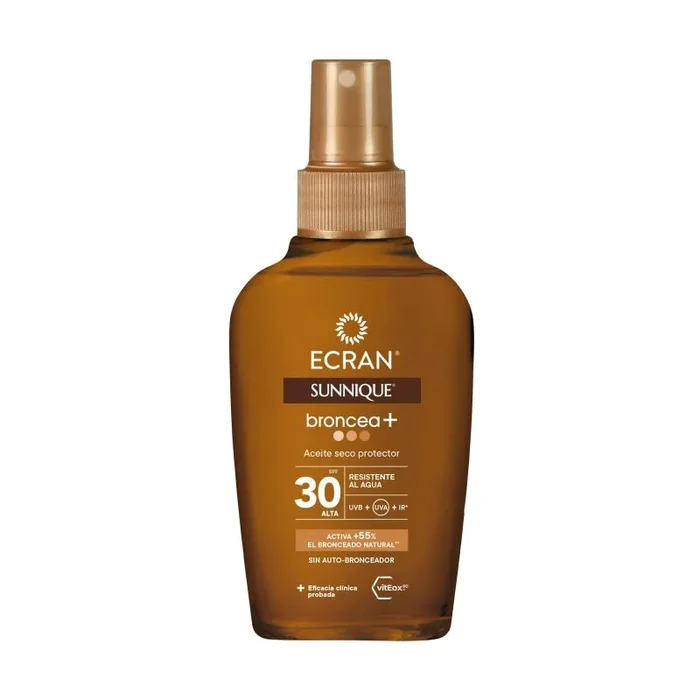 Ecran Sunnique – Aceite Protector Solar Broncea+ FPS 30, Protección Media UVB y UVA, Activa el Bronceado Natural, Sin Autobronceador, con Tecnología PureBronze, Resistente al Agua – 100 ml
