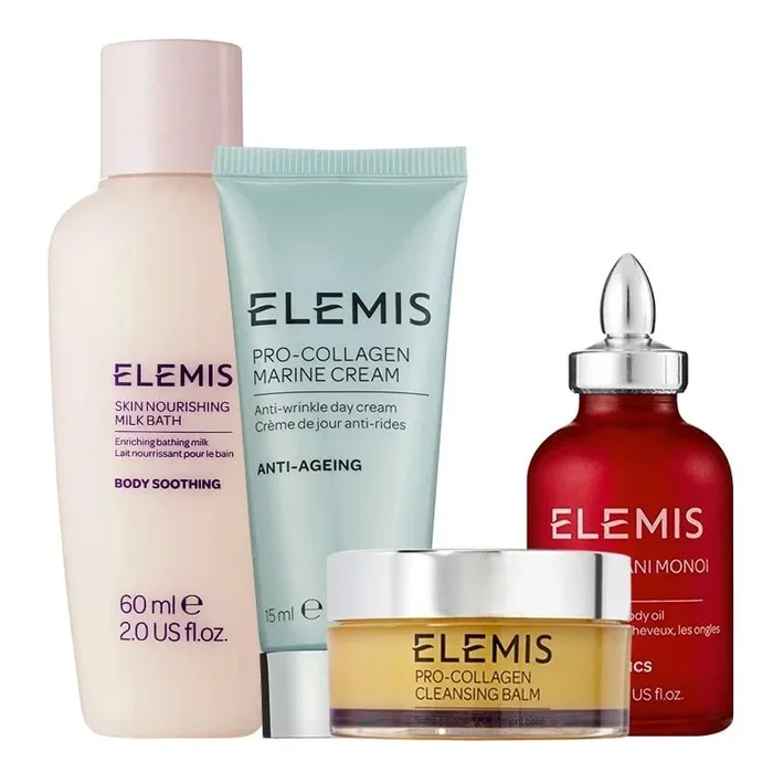 Elemis best sellers kit: elemis skin nourishing milk bath 60ml + elemis pro-collagen marine cream 15ml + elemis frangipani monoi nourishing body oil 35ml + elemis pro-collagen cleansing balm 20g