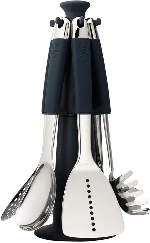Elevate™ Steel Utensils Carousel Set, Joseph Joseph, Set de utensilios de cocina, 6 piezas, acero inoxidable, resistente al calor, soporte giratorio, color acero
