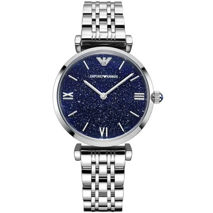 Emporio Armani Reloj para mujer, 32mm movimiento de cuarzo a dos agujas con correa de acero en tono plateado, Tono plateado y azul oscuro