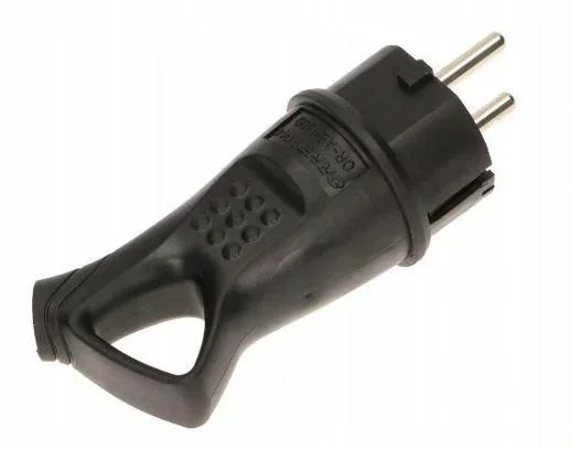 Enchufe de Goma Orno con Mango, 2P+Z, Clasificación IP44, Resistente a Salpicaduras, Ideal para Herramientas y Equipos en Exteriores, Color Negro