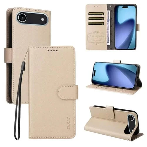 ENKAY – Funda de piel con textura de lichi y bloqueo RFID para iPhone 17 Air (beige)