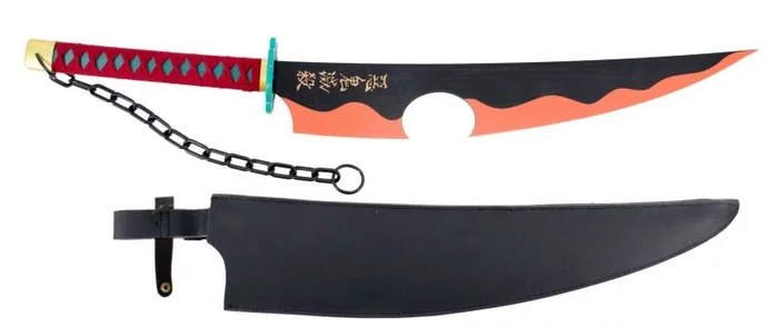 Espada gemela S5072 de Demon Slayer empuñada por Tengen Uzui mango encordado en color granate y hoja negra de bambú con corte acabado en llamas naranjas. Con funda de polipiel negra.