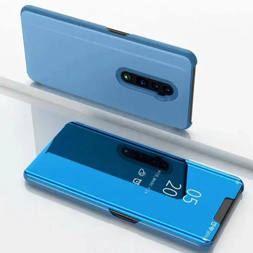 Espejo de Galvanoplastia Funda de Cuero Horizontal para Oppo Reno con Titular (Azul)