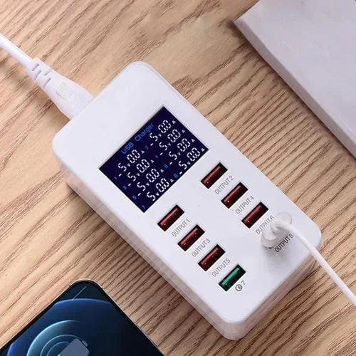 Estación de carga inteligente A8 40W 8 puertos USB con QC3.0 pantalla digital AC100-240V (Blanco)