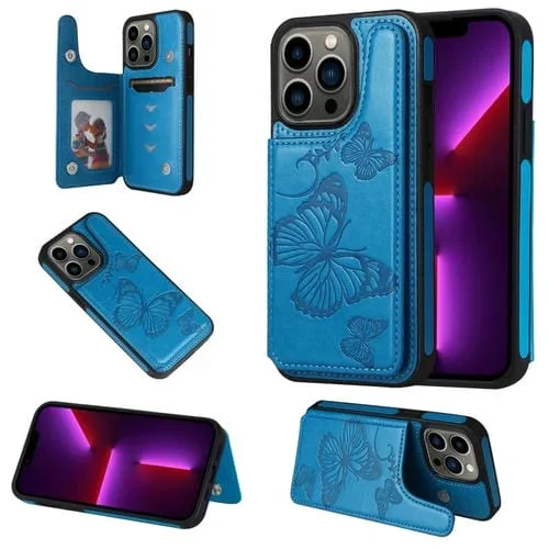 Estuche a Prueba de Golpes para iPhone 13 Pro Estampado Mariposa (Azul)