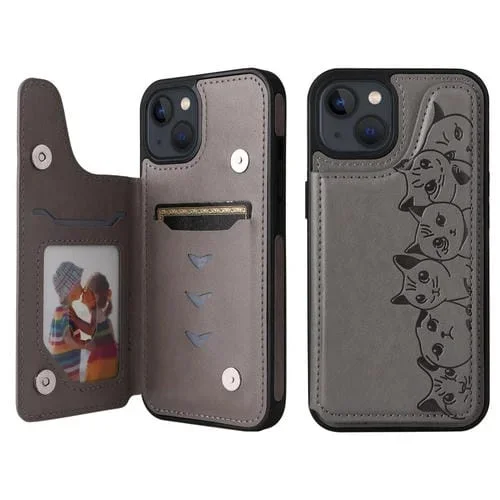 Estuche a Prueba de Golpes Patrón de Estampado Seis Gatos para iPhone 13 Mini (Gris)