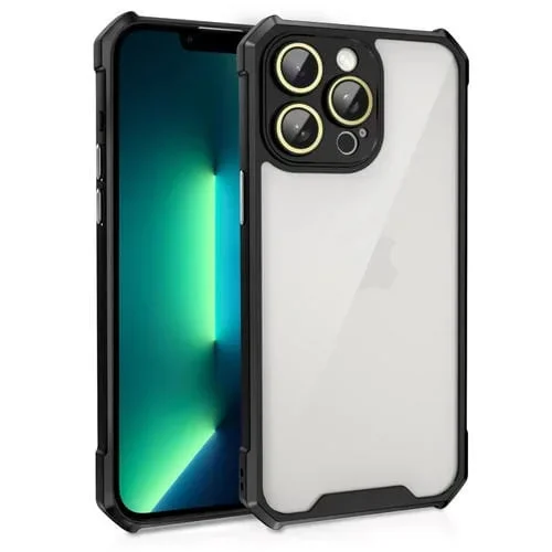 Estuche Acrílico para iPhone 13 Pro Max a Prueba de Golpes con Película de Vidrio para Lentes (Negro)