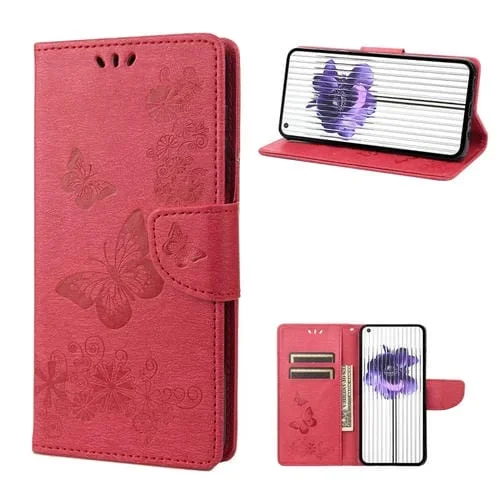 Estuche Cuero For Nothing Phone 1 Tapa Horizontal Relieve Mariposa (Rojo)