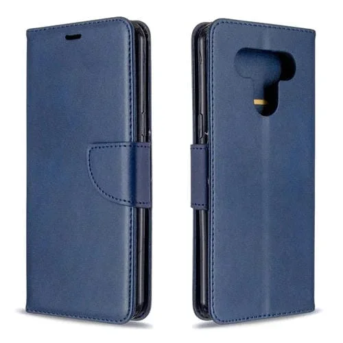 Estuche Cuero Pu para LG K51 con Tapa Horizontal, Soporte, Ranuras para Tarjetas y Cordón (Azul)