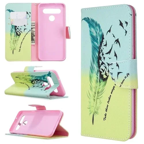 Estuche de Cuero Abatible Horizontal para LG K61 con Soporte, Ranuras para Tarjetas y Billetera (Pluma)