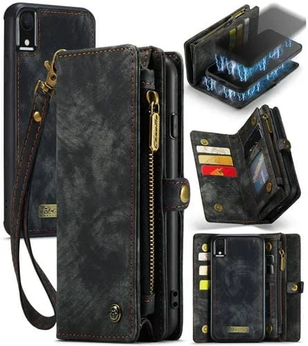 Estuche de Cuero Caseme para iPhone Xr con Tapa Horizontal Multifuncional Desmontable Ranura Tarjeta Soporte Billetera Cremallera Marco Fotos (Negro)