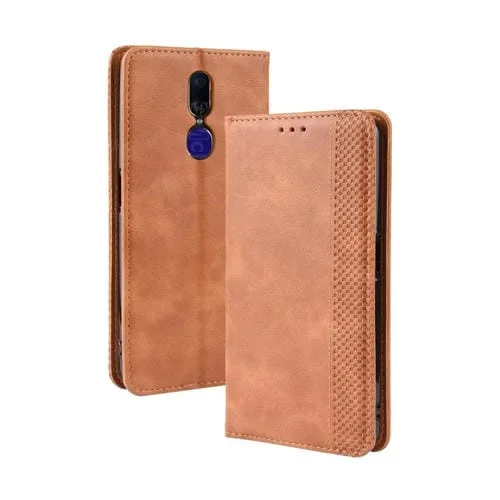 Estuche de Cuero con Tapa Horizontal con Textura de Caballo Loco Retro con Hebilla Magnética para Oppo F11, con Soporte, Ranuras para Tarjetas y Marco de Fotos (Marrón)