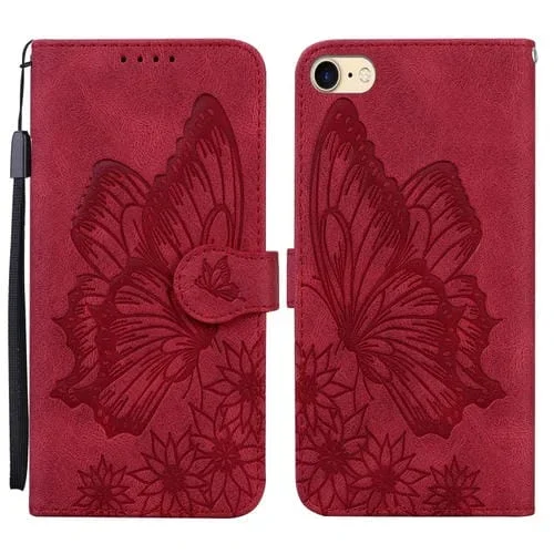 Estuche de Cuero con Tapa Horizontal para iPhone 6 / 6S con Estampado de Mariposas y Soporte (Rojo)
