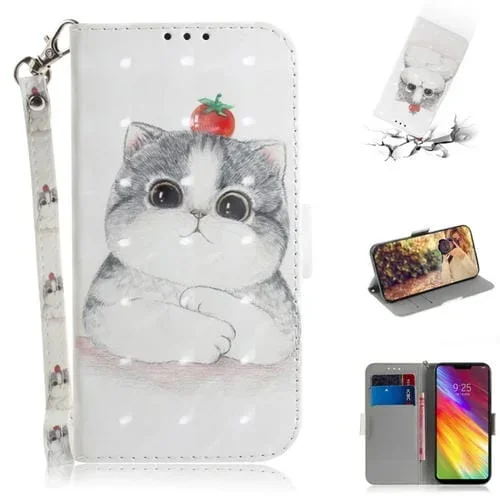 Estuche de Cuero con Tapa Horizontal para LG Q Stylo 5 con Dibujo de Gato 3D y Soporte
