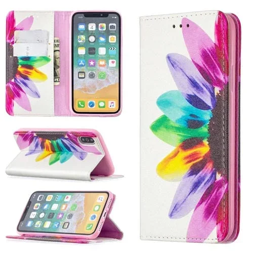 Estuche de Cuero de Pu para iPhone X / Xs con Tapa Magnética Horizontal Soporte Ranuras y Billetera (Flor del Sol)