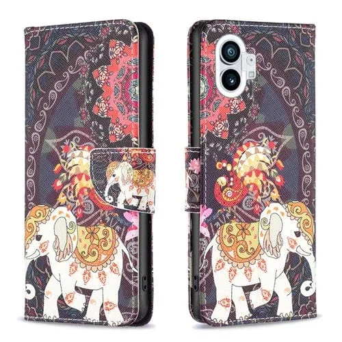 Estuche de Cuero For Nothing Phone 1 con Dibujo a Color Elefante de Flores